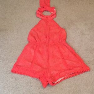 Strawberry red embroidered jumpsuit/shorts